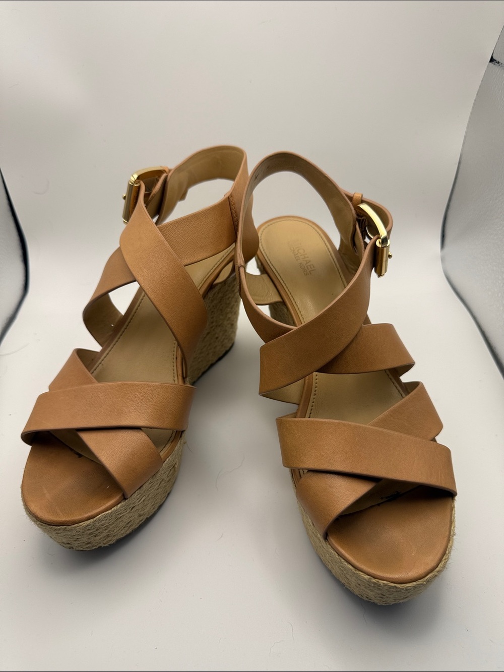 Michael Kors Tan Crisscross Espadrille Wedge Sandals